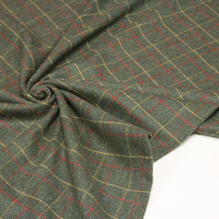 Tissu lainage tartan vert aux liserés jaunes et rouges - Fabrication italienne