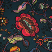 Tissu demi natté INDIENNES fleuri 100% coton, fond bleu pétrole - Collection Thevenon - TissusPapi.com