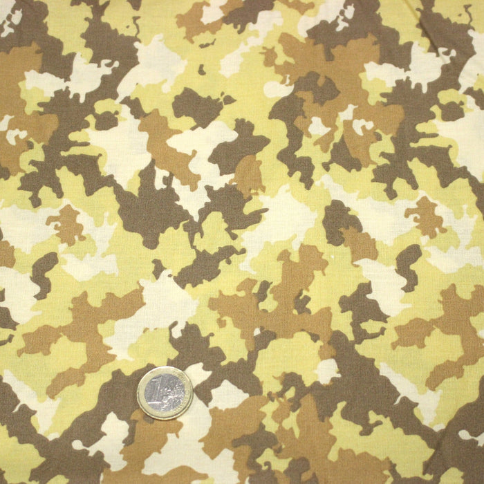 Tissu popeline coton motif camouflage tons sable, beige, brun et jaune - TissusPapi.com