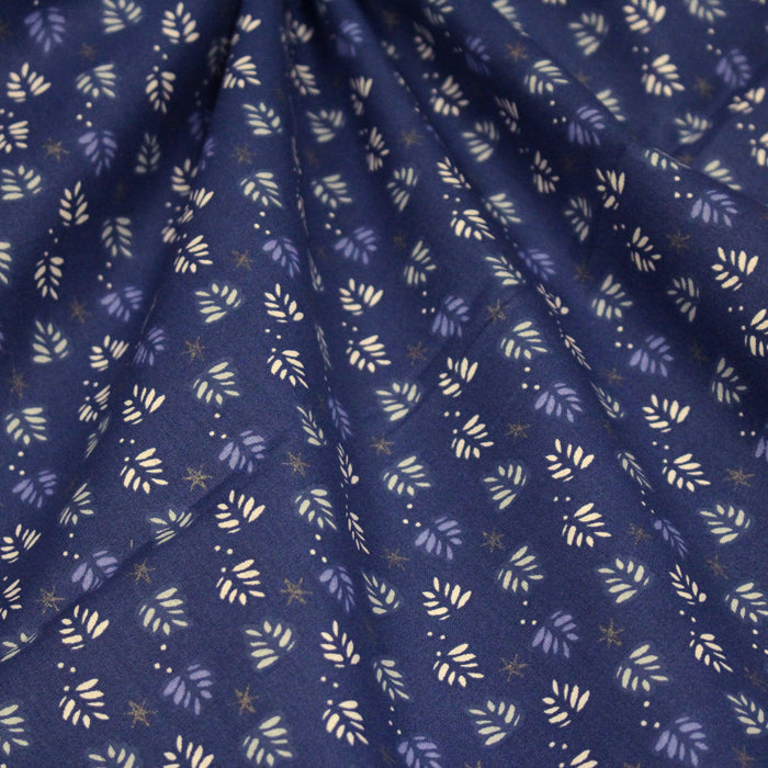 Tissu de Noël cotonnade bleu aux sapins blancs & blancs, étoiles grises - STANDARD 100 OEKO-TEX