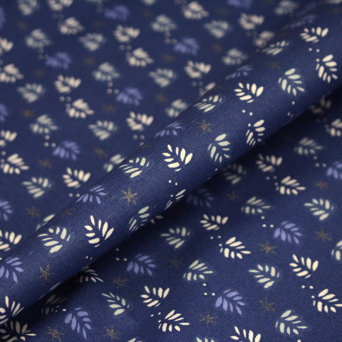 Tissu de Noël cotonnade bleu aux sapins blancs & blancs, étoiles grises - STANDARD 100 OEKO-TEX
