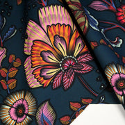 Tissu demi natté INDIENNES fleuri 100% coton, fond bleu pétrole - Collection Thevenon - TissusPapi.com
