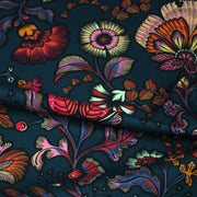 Tissu demi natté INDIENNES fleuri 100% coton, fond bleu pétrole - Collection Thevenon - TissusPapi.com