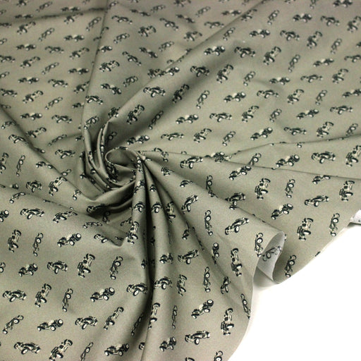 Tissu popeline coton aux petites voitures ancienne, fond vert kaki - TissusPapi.com