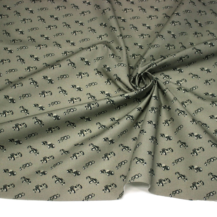 Tissu popeline coton aux petites voitures ancienne, fond vert kaki - TissusPapi.com