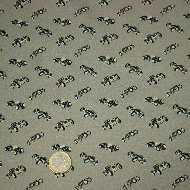 Tissu popeline coton aux petites voitures ancienne, fond vert kaki - TissusPapi.com