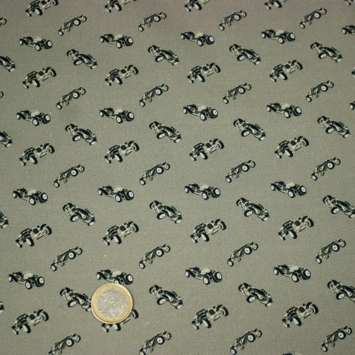 Tissu popeline coton aux petites voitures ancienne, fond vert kaki - TissusPapi.com