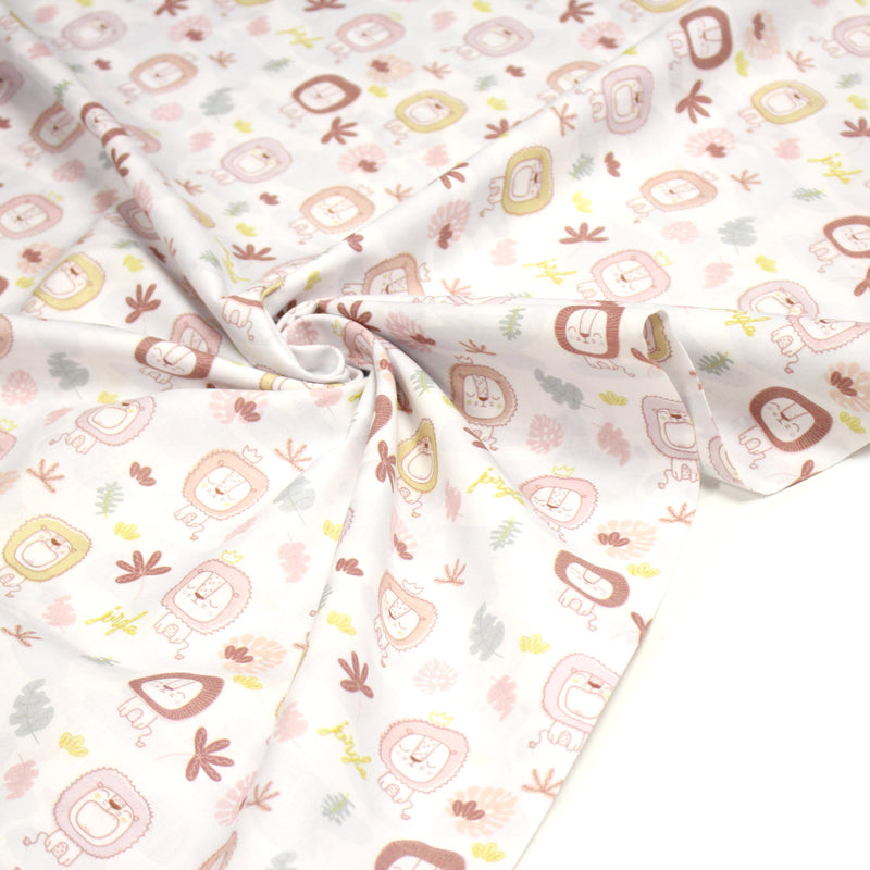 Tissu cotonnade, blanc motif tropical enfant aux têtes de lion dessinées - STANDARD 100 OEKO - TEX - TissusPapi.com