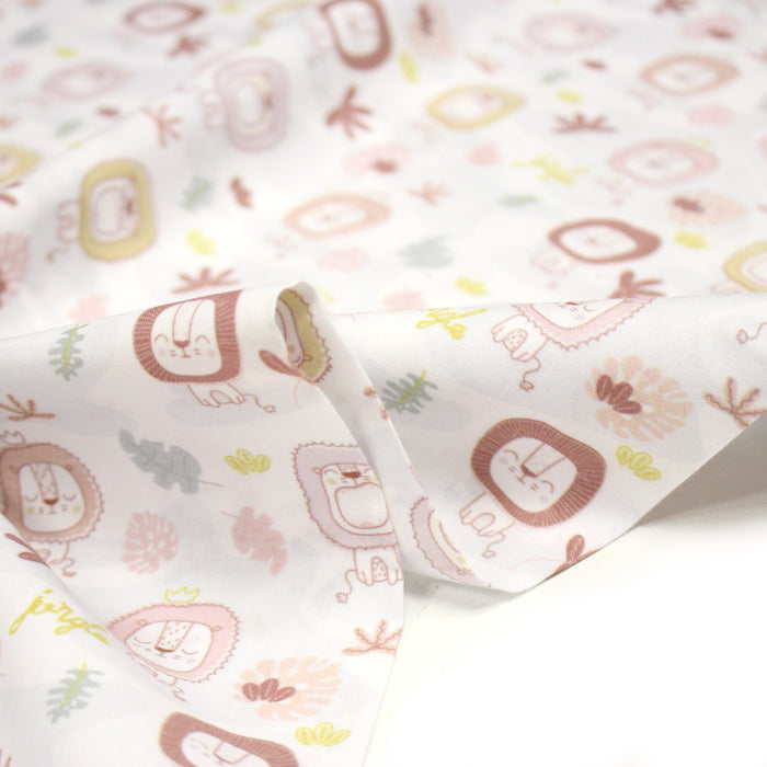 Tissu cotonnade, blanc motif tropical enfant aux têtes de lion dessinées - STANDARD 100 OEKO-TEX