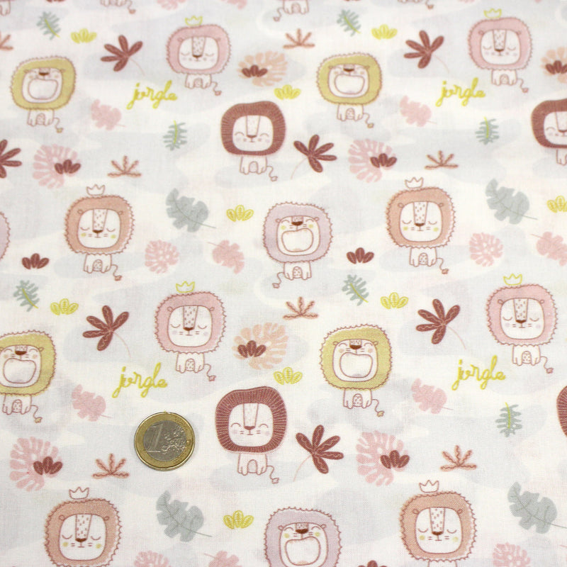 Tissu cotonnade, blanc motif tropical enfant aux têtes de lion dessinées - STANDARD 100 OEKO - TEX - TissusPapi.com