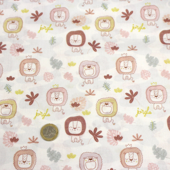 Tissu cotonnade, blanc motif tropical enfant aux têtes de lion dessinées - STANDARD 100 OEKO-TEX