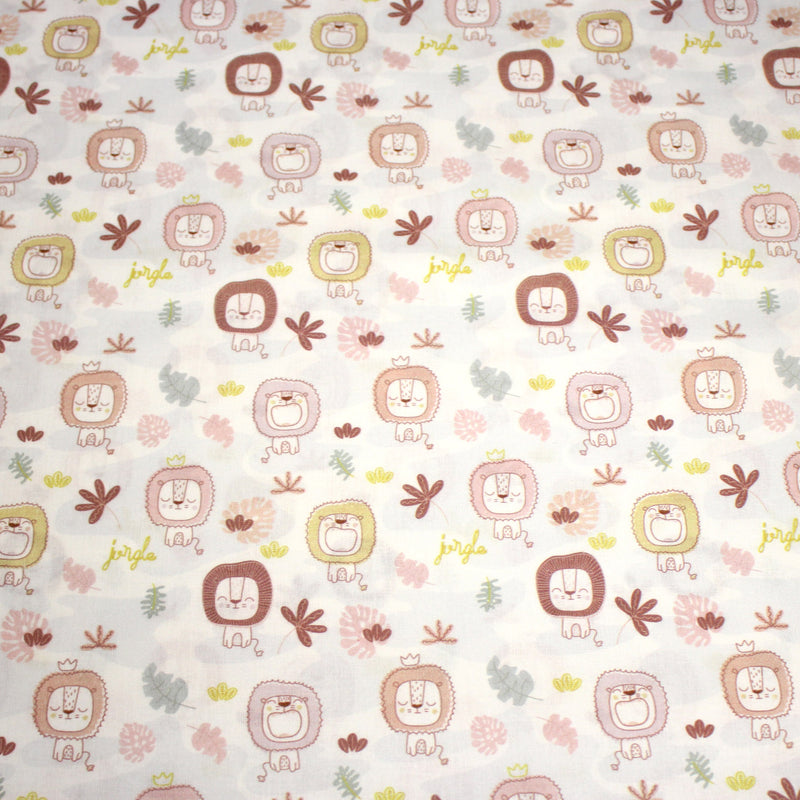 Tissu cotonnade, blanc motif tropical enfant aux têtes de lion dessinées - STANDARD 100 OEKO - TEX - TissusPapi.com