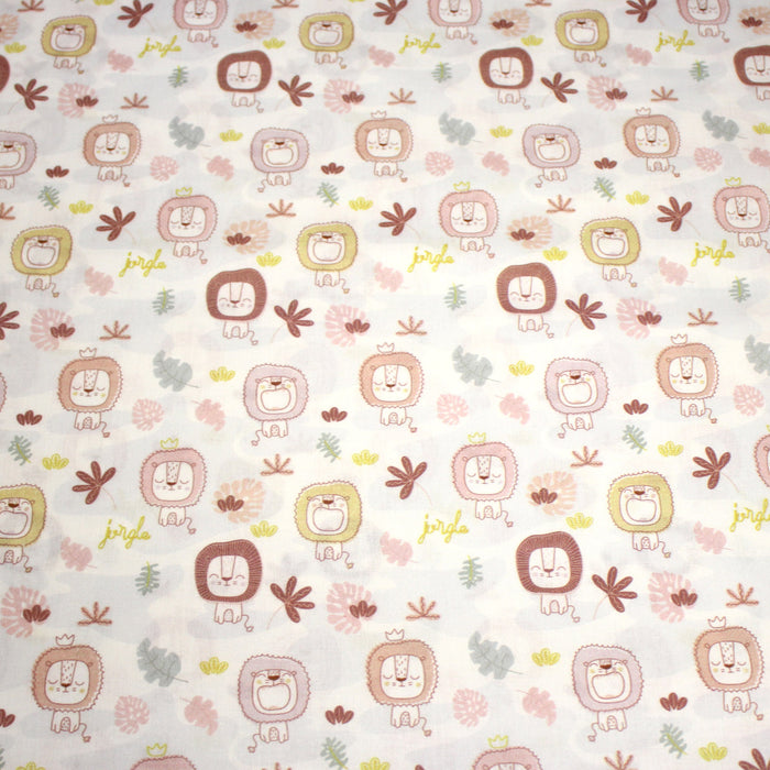 Tissu cotonnade, blanc motif tropical enfant aux têtes de lion dessinées - STANDARD 100 OEKO-TEX