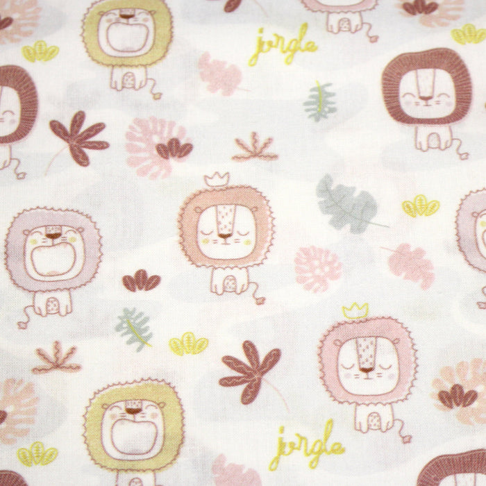 Tissu cotonnade, blanc motif tropical enfant aux têtes de lion dessinées - STANDARD 100 OEKO-TEX