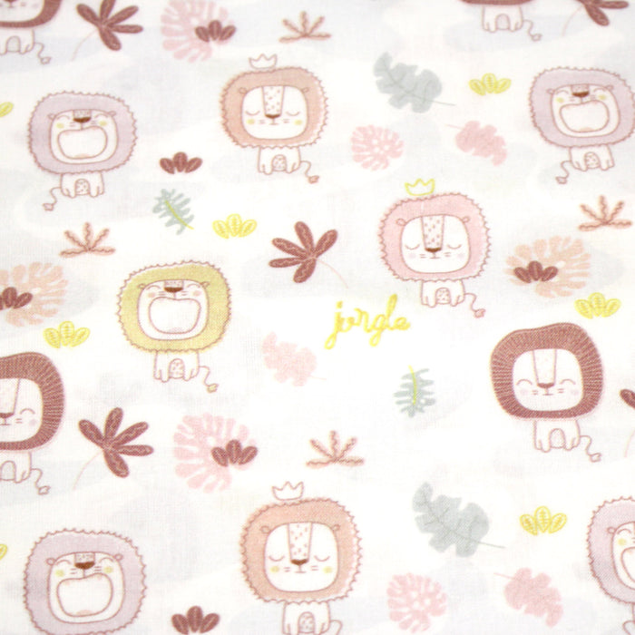 Tissu cotonnade, blanc motif tropical enfant aux têtes de lion dessinées - STANDARD 100 OEKO-TEX