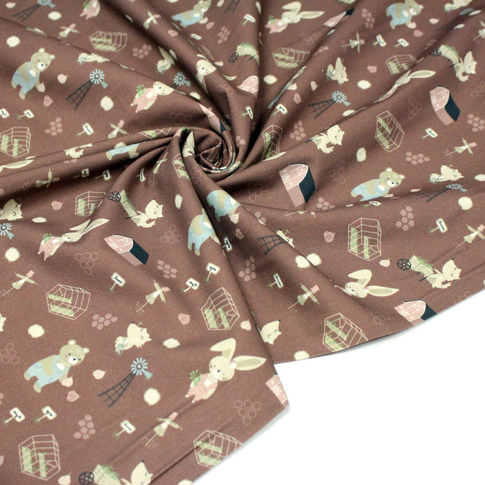 Tissu cotonnade, les animaux à la ferme, fond marron, collection AUTOMNE - STANDARD 100 OEKO-TEX