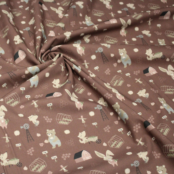 Tissu cotonnade, les animaux à la ferme, fond marron, collection AUTOMNE - STANDARD 100 OEKO-TEX