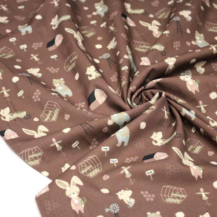 Tissu cotonnade, les animaux à la ferme, fond marron, collection AUTOMNE - STANDARD 100 OEKO-TEX