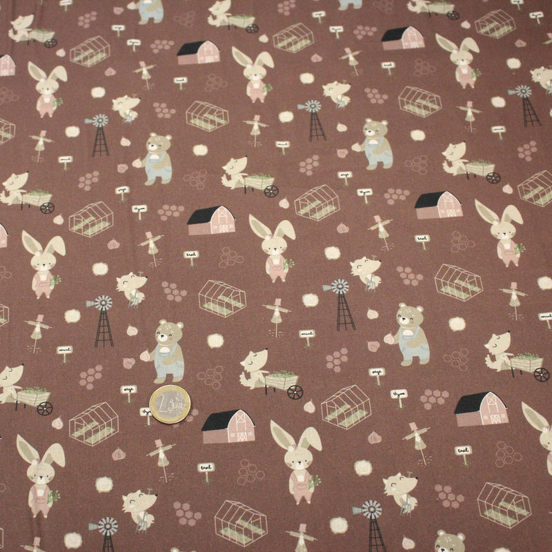 Tissu cotonnade, les animaux à la ferme, fond marron, collection AUTOMNE - STANDARD 100 OEKO - TEX - TissusPapi.com