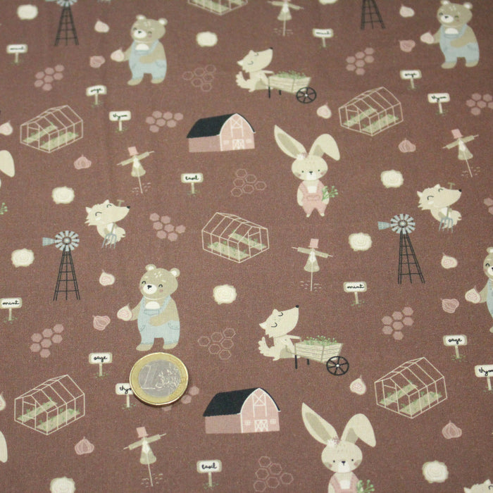 Tissu cotonnade, les animaux à la ferme, fond marron, collection AUTOMNE - STANDARD 100 OEKO-TEX