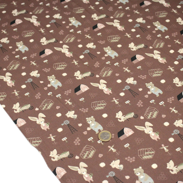Tissu cotonnade, les animaux à la ferme, fond marron, collection AUTOMNE - STANDARD 100 OEKO-TEX