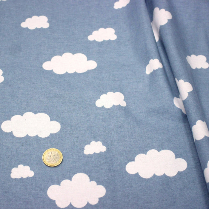 Tissu flanelle coton gratté bleu aux nuages blancs, collection enfant, parfait pour pyjamas & draps - STANDARD 100 OEKO - TEX - TissusPapi.com