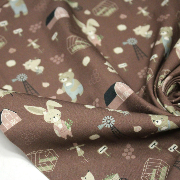 Tissu cotonnade, les animaux à la ferme, fond marron, collection AUTOMNE - STANDARD 100 OEKO-TEX