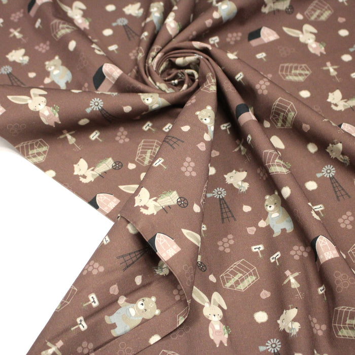 Tissu cotonnade, les animaux à la ferme, fond marron, collection AUTOMNE - STANDARD 100 OEKO-TEX