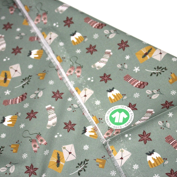 Tissu de Noël, cotonnade vert aux objets de Noël moutarde et bordeaux - STANDARD 100 OEKO-TEX