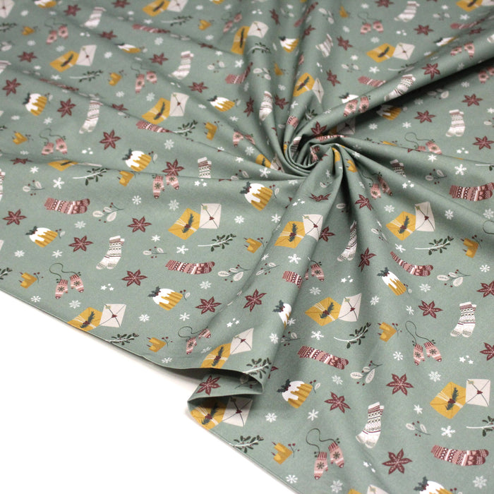 Tissu de Noël, cotonnade vert aux objets de Noël moutarde et bordeaux - STANDARD 100 OEKO-TEX