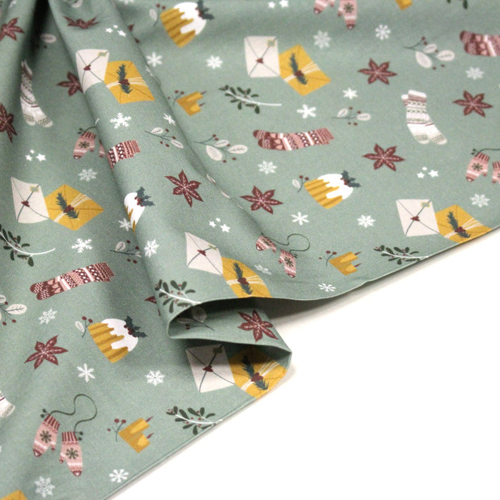Tissu de Noël, cotonnade vert aux objets de Noël moutarde et bordeaux - STANDARD 100 OEKO-TEX