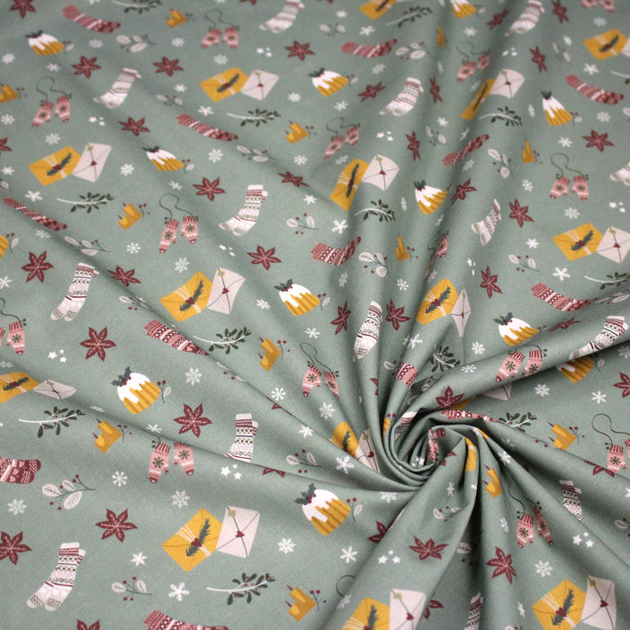 Tissu de Noël, cotonnade vert aux objets de Noël moutarde et bordeaux - STANDARD 100 OEKO-TEX