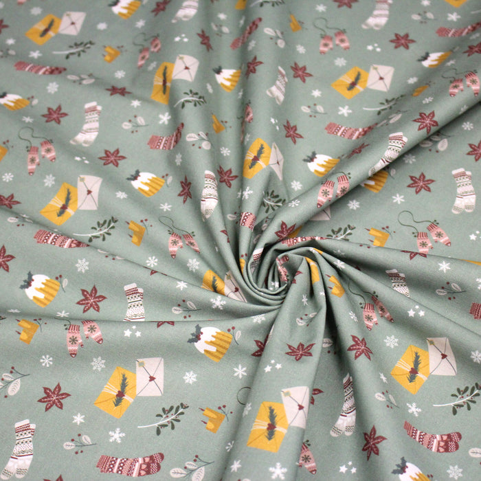 Tissu de Noël, cotonnade vert aux objets de Noël moutarde et bordeaux - STANDARD 100 OEKO-TEX