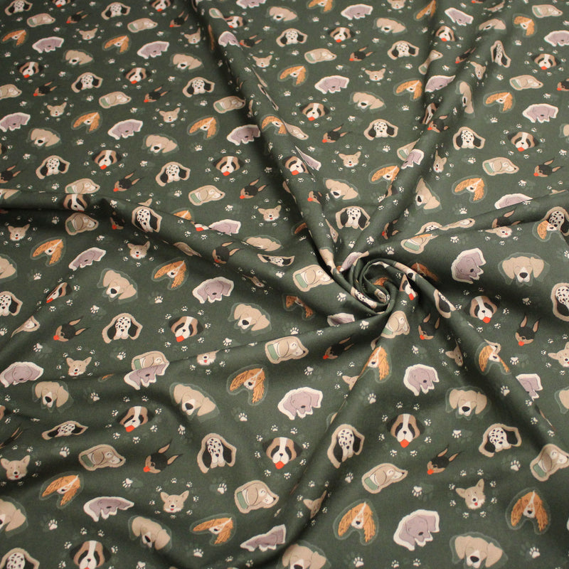 Tissu cotonnade vert anglais aux têtes de jolis chiens, collection AUTOMNE - STANDARD 100 OEKO - TEX - TissusPapi.com