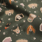 Tissu cotonnade vert anglais aux têtes de jolis chiens, collection AUTOMNE - STANDARD 100 OEKO - TEX - TissusPapi.com