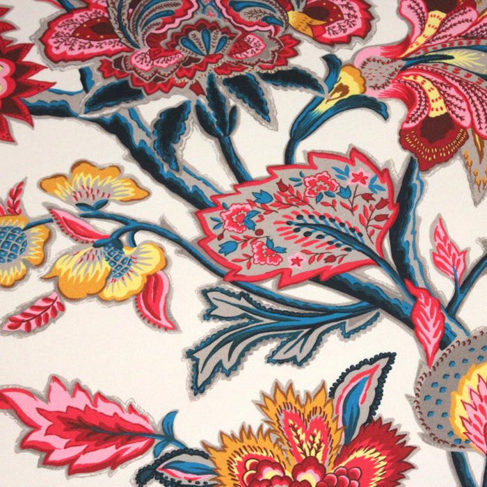 Tissu ROMY motifs fleuris indiennes, fond blanc, 100% coton - Collection Thevenon