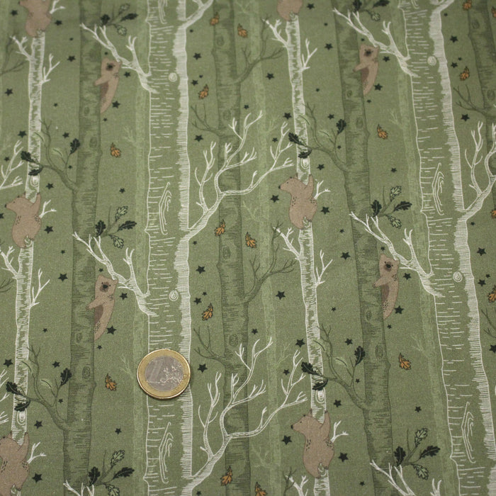 Tissu cotonnade vert aux ours dans les arbres, collection AUTOMNE - STANDARD 100 OEKO-TEX