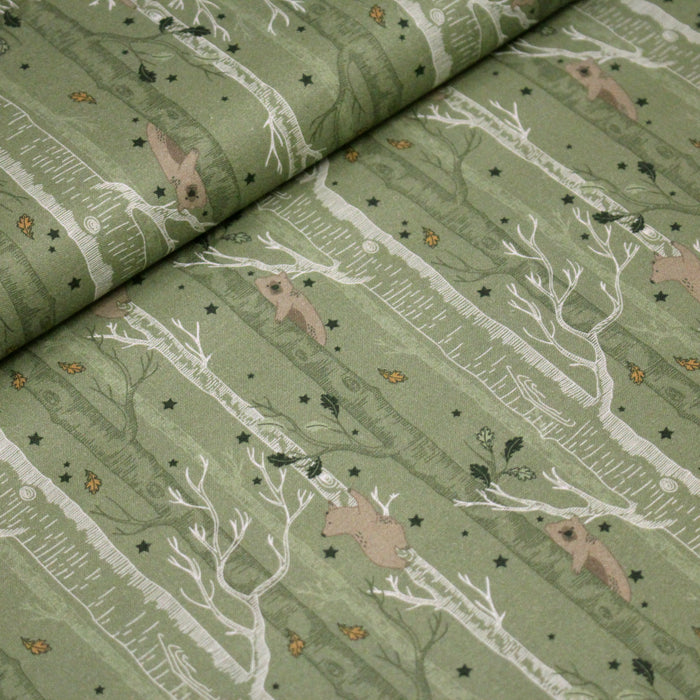 Tissu cotonnade vert aux ours dans les arbres, collection AUTOMNE - STANDARD 100 OEKO-TEX