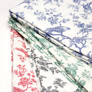 Tissu coton renforcé TOILE DE JOUY AUX MESANGES grande largeur 280cm : bleu, rouge, vert, gris - OEKO - TEX - TissusPapi.com