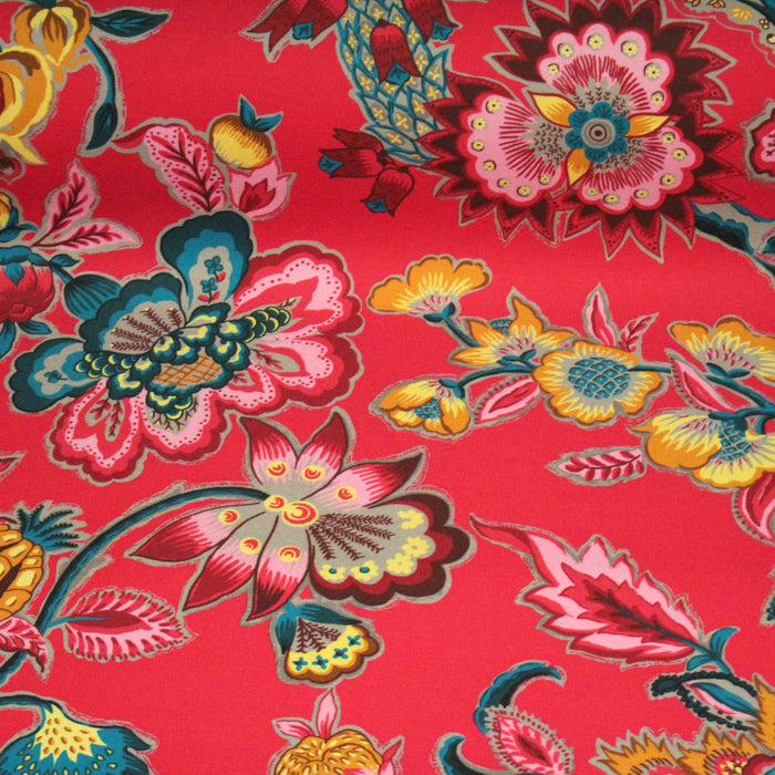 Tissu ROMY motifs fleuris indiennes, fond rose fuchsia, 100% coton - Collection Thevenon