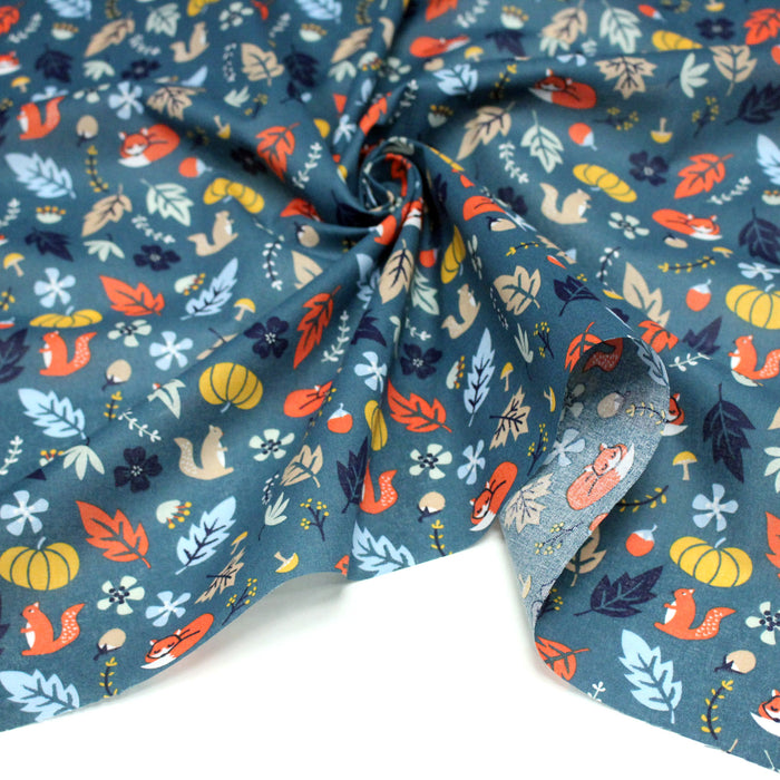Tissu cotonnade bleu canard aux renards, citrouilles et feuilles, collection AUTOMNE - OEKO-TEX STANDARD 100
