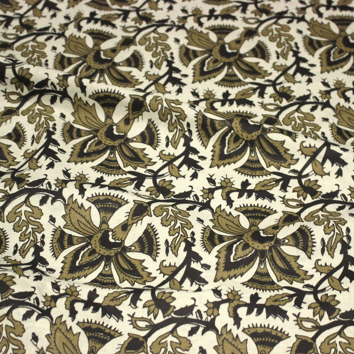 Tissu coton fin imprimé INDIENNE écru aux fleurs traditionnelles indiennes ocres et noires - TissusPapi.com