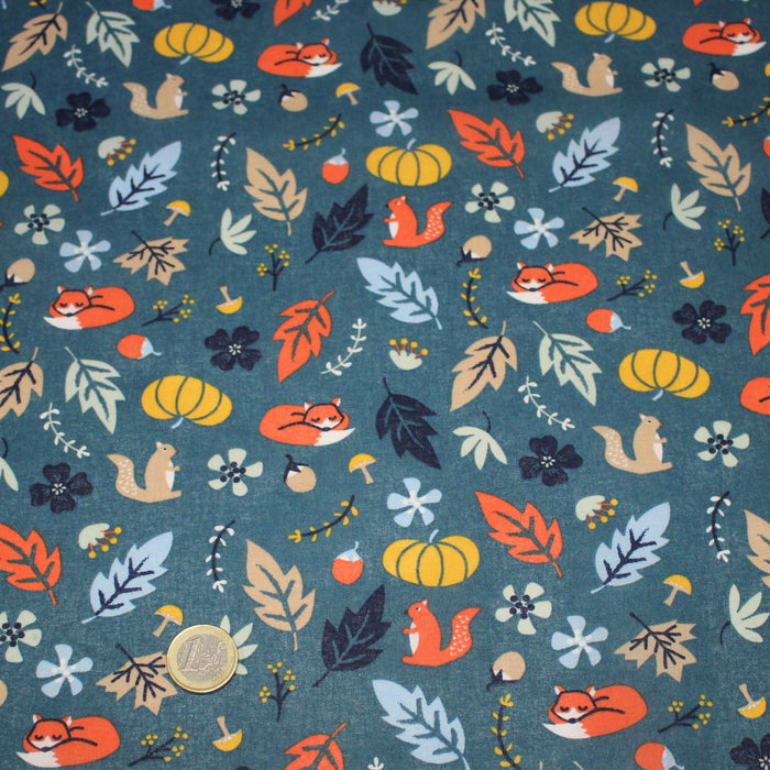 Tissu cotonnade bleu canard aux renards, citrouilles et feuilles, collection AUTOMNE - OEKO-TEX STANDARD 100