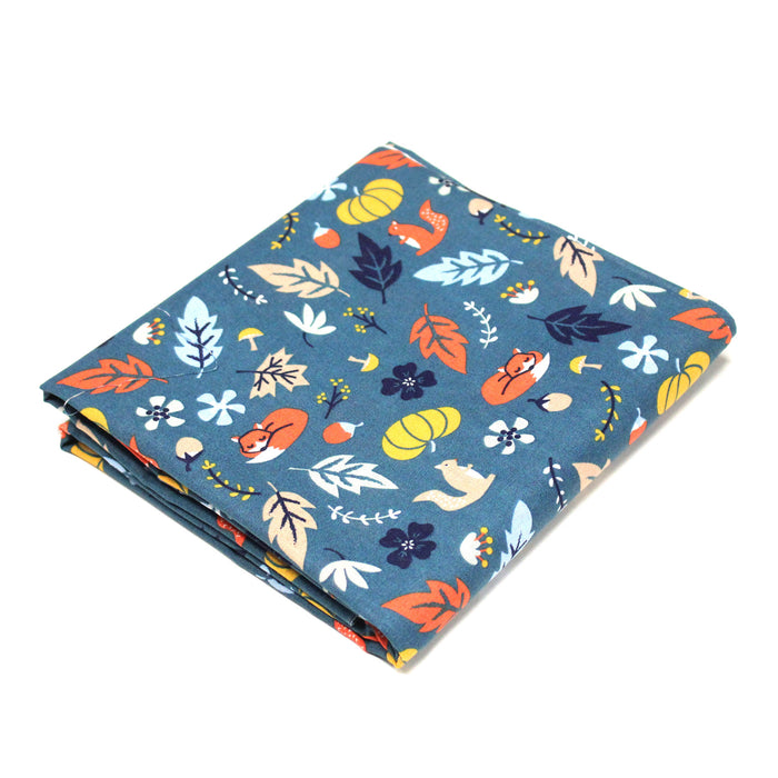 Tissu cotonnade bleu canard aux renards, citrouilles et feuilles, collection AUTOMNE - OEKO-TEX STANDARD 100