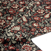 Tissu coton fin imprimé INDIENNES noir aux fleurs traditionnelles indiennes rouges et écrues - TissusPapi.com