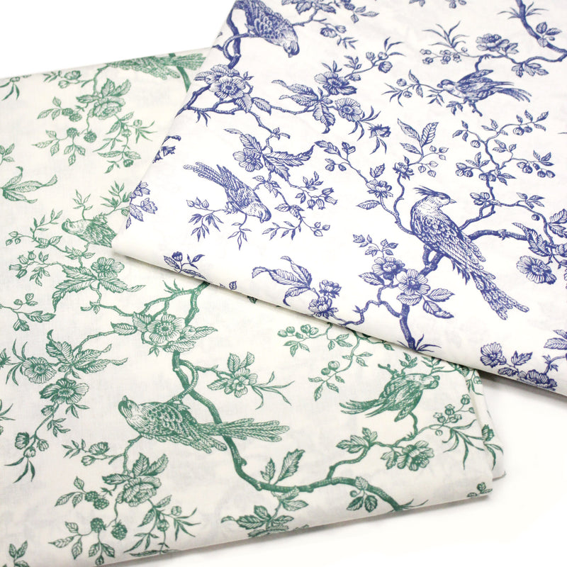 Tissu coton TOILE DE JOUY AUX MESANGES : bleu, vert - OEKO - TEX - TissusPapi.com