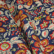 Tissu coton fin imprimé INDIENNES, fleuri rouge jaune écru, fond bleu – STANDARD 100 OEKO - TEX - TissusPapi.com