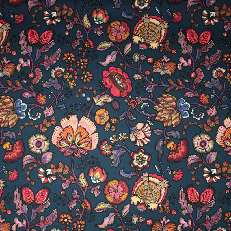 Tissu demi natté INDIENNES fleuri 100% coton, fond bleu pétrole - Collection Thevenon - TissusPapi.com