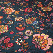 Tissu demi natté INDIENNES fleuri 100% coton, fond bleu pétrole - Collection Thevenon - TissusPapi.com