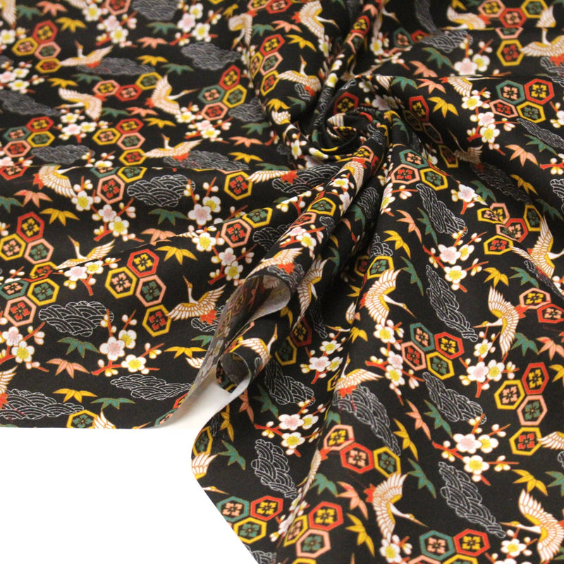 Tissu cotonnade NIGITA, motif japonais des grues : noir, bleu, rose, rouge - OEKO - TEX - TissusPapi.com